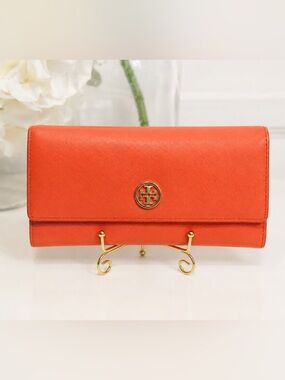 Tory Burch Orange Saffiano Leather Clutch with Gold Logo